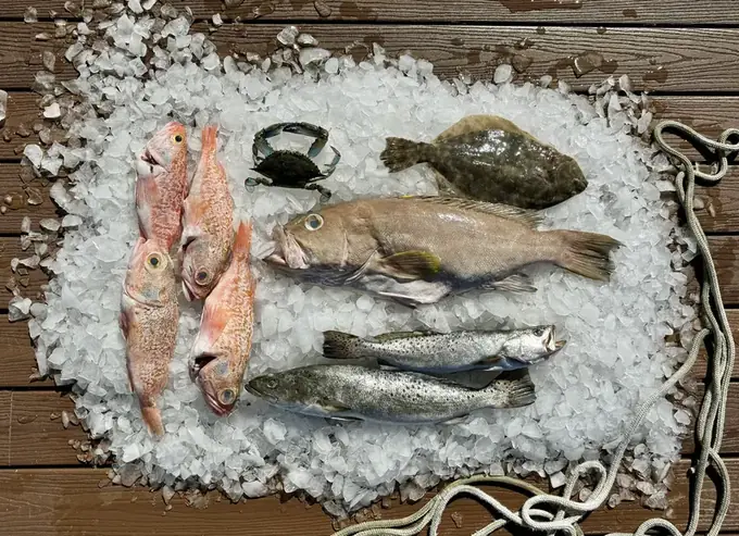 Assorted locally sourced fish and a crab laid out on ice over a wooden deck
